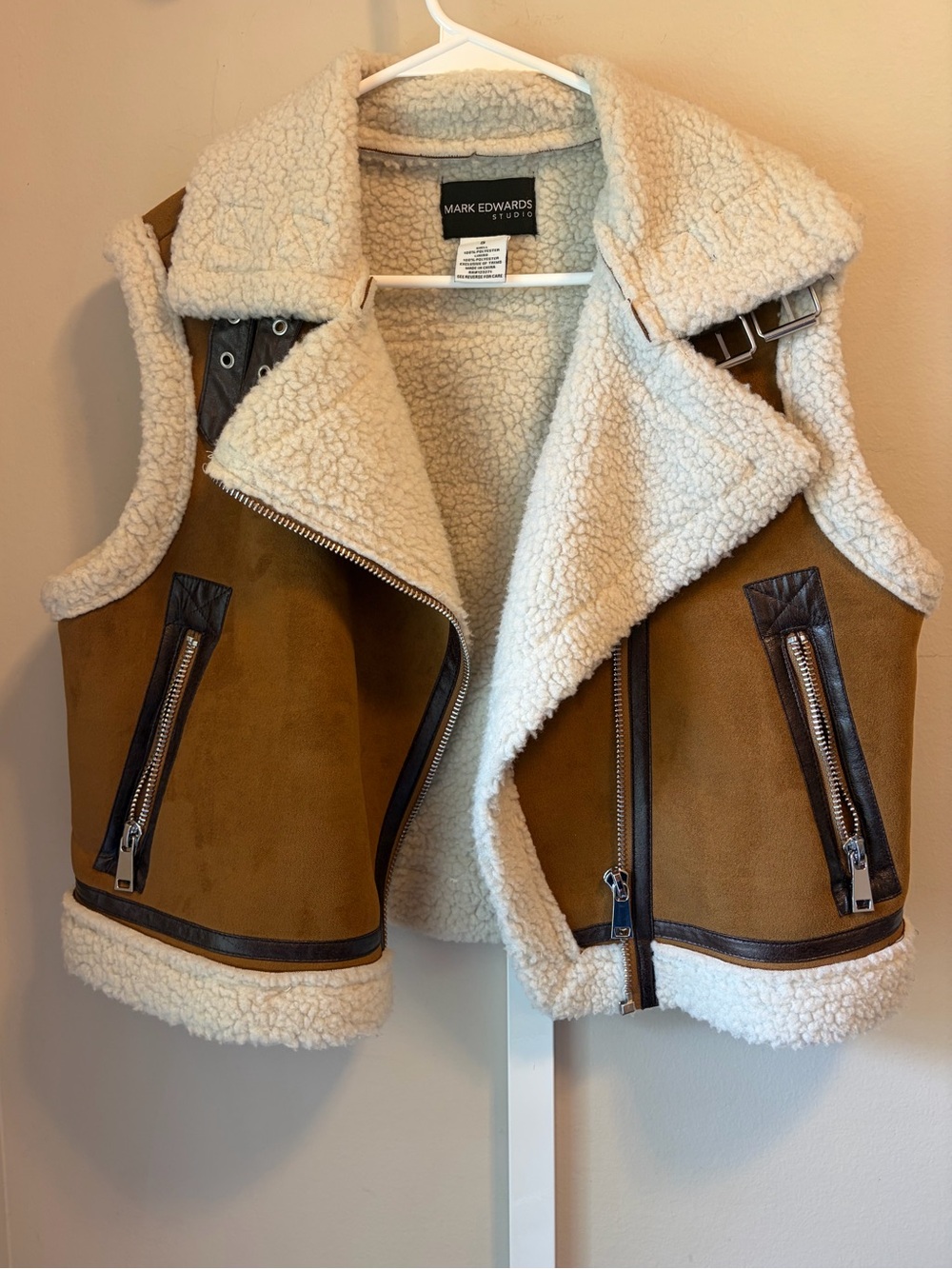 Mark Edwards Studio Faux Shearling Aviator Moto Vest Brown Cream Size Small